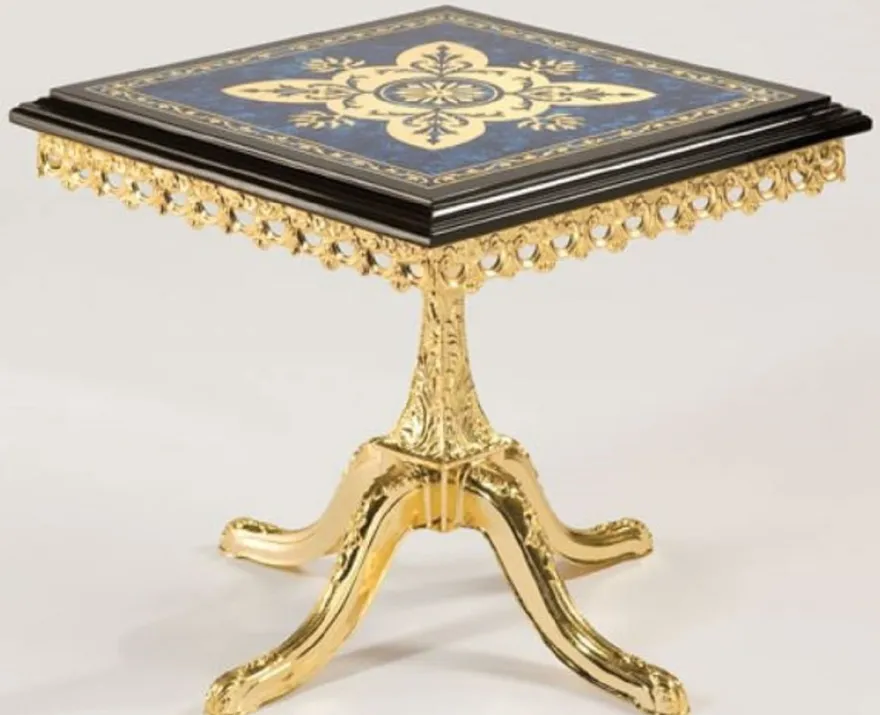 Casa Padrino Luxus Barock Beistelltisch Schwarz / Blau / Gold 53 x 53 x H. 50 cm - Edler Messing Tisch mit Massivholz Tischplatte - Barock Wohnzimmer Möbel