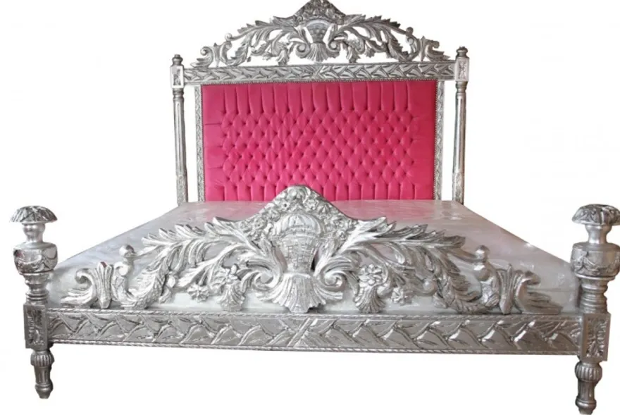 Casa Padrino Luxus Barock Bett im französischen Stil - Antik Rosa / Silber - 182 x 210 x 168 cm