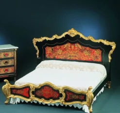 Casa Padrino Luxus Barock Boulle Doppelbett Schwarz / Rot / Gold 225 x 230 x H. 150 cm - Prunkvolles Massivholz Bett mit Kopfteil - Edle Barock Schlafzimmer Möbel