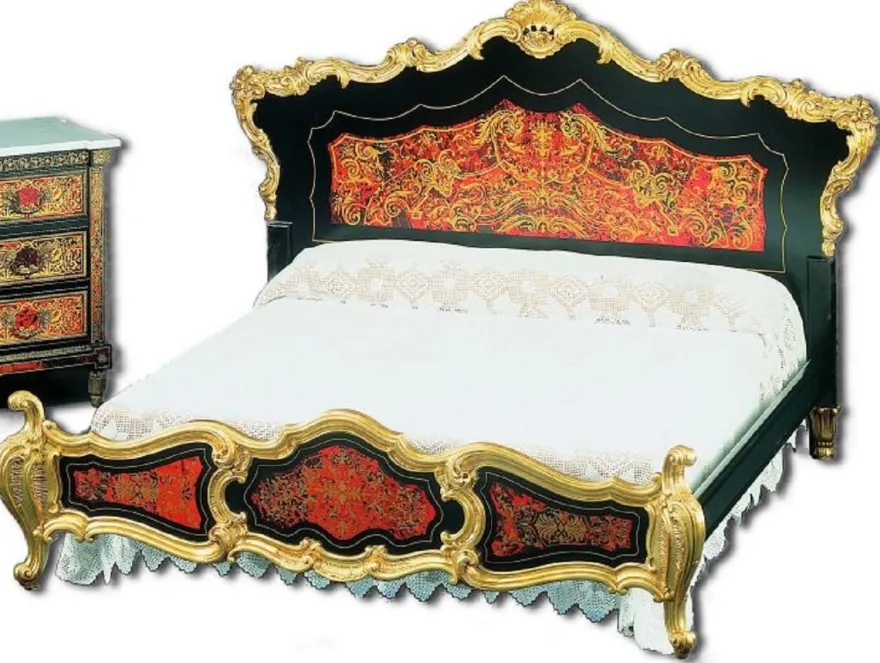 Casa Padrino Luxus Barock Boulle Doppelbett Schwarz / Rot / Gold 225 x 230 x H. 150 cm - Prunkvolles Massivholz Bett mit Kopfteil - Edle Barock Schlafzimmer Möbel