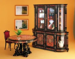 Casa Padrino Luxus Barock Boulle Esszimmerschrank Schwarz / Rot / Gold 228 x 49 x H. 237 cm - Handgefertigter Massivholz Schrank - Barock Esszimmer Küchen Möbel - Edel & Prunkvoll