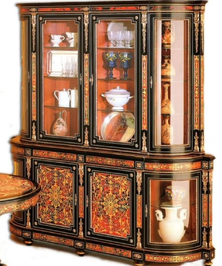 Casa Padrino Luxus Barock Boulle Esszimmerschrank Schwarz / Rot / Gold 228 x 49 x H. 237 cm - Handgefertigter Massivholz Schrank - Barock Esszimmer Küchen Möbel - Edel & Prunkvoll