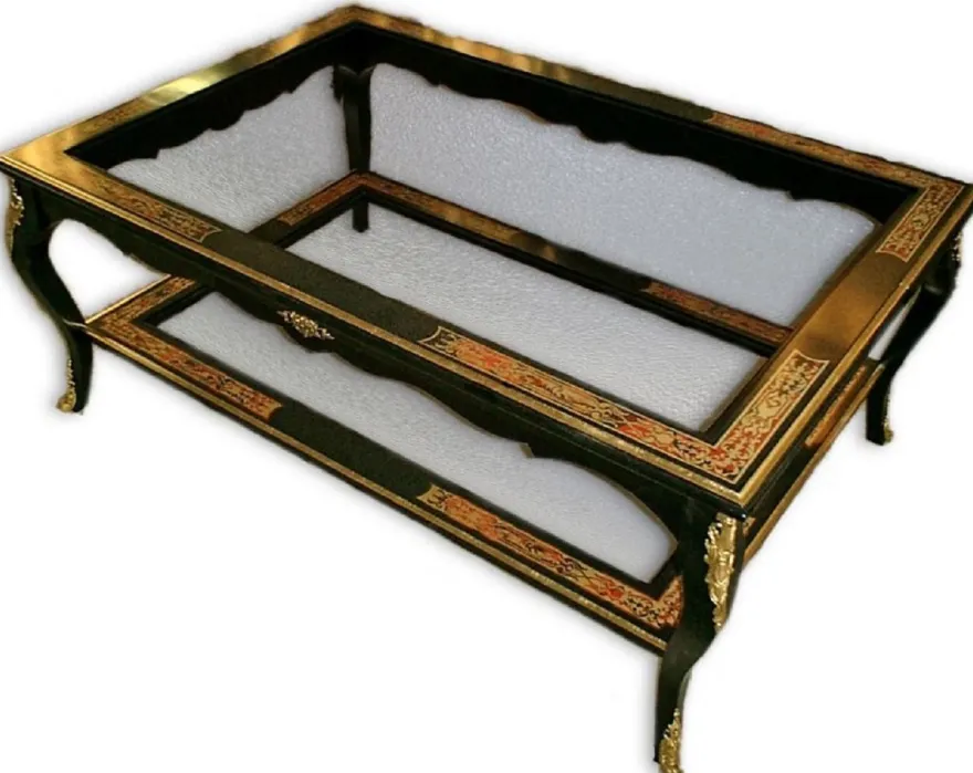 Casa Padrino Luxus Barock Boulle Couchtisch Schwarz / Rot / Gold 120 x 70 x H. 45 cm - Handgefertigter Massivholz Wohnzimmertisch mit Glasplatten - Edle Barock Möbel