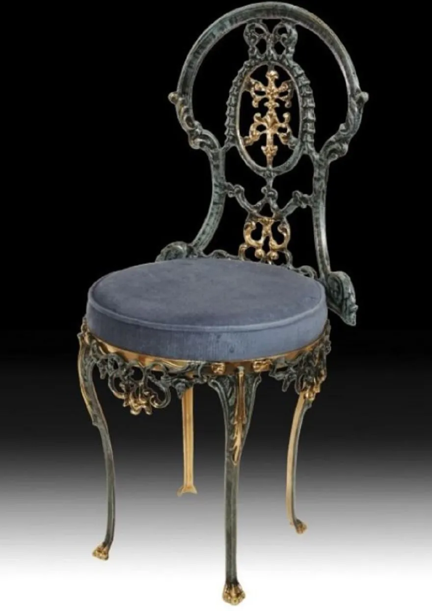 Casa Padrino Luxus Barock Bronze Esszimmer Stuhl Blau / Gold H. 86 cm - Barock Esszimmer Möbel