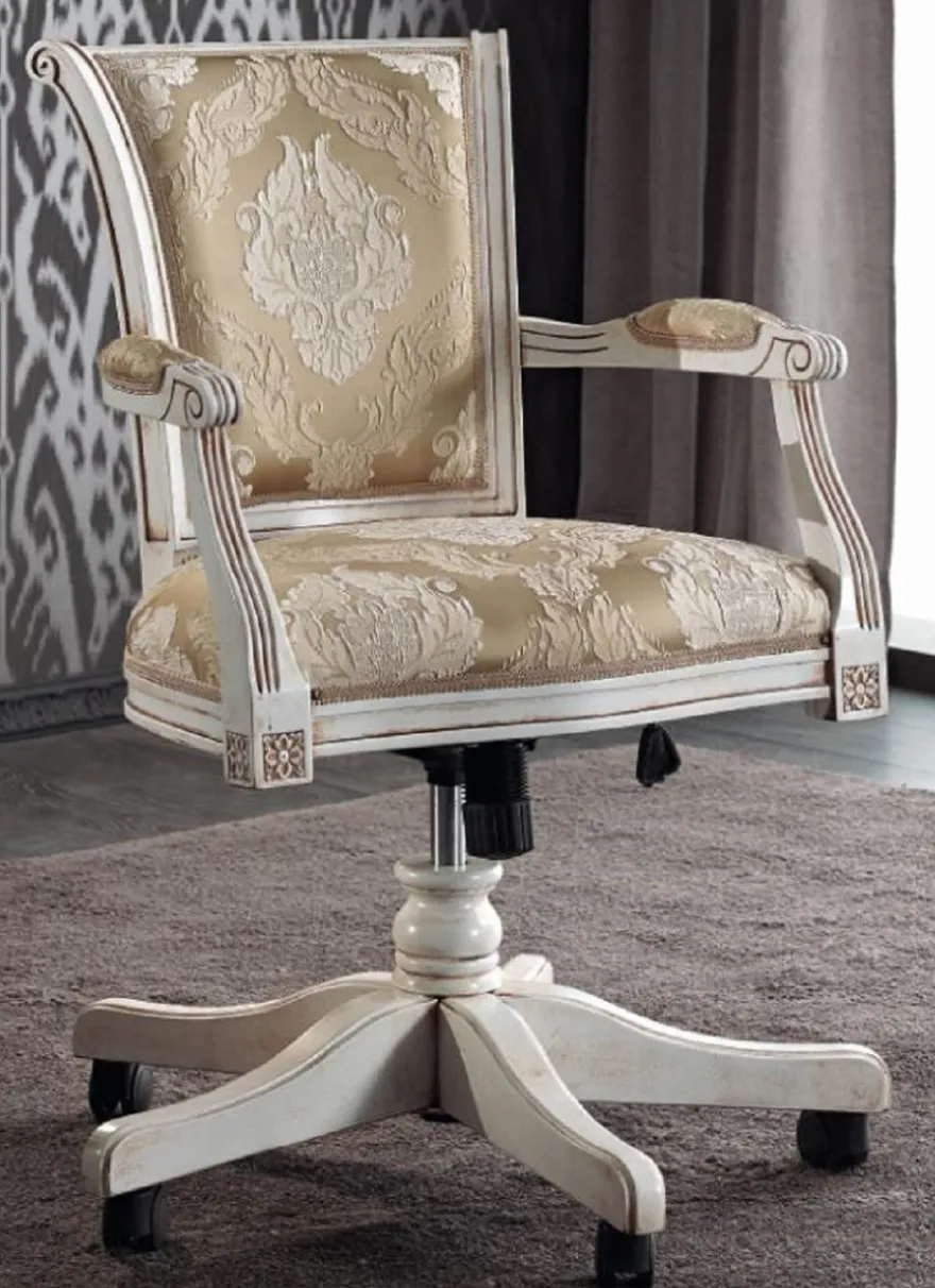 Casa Padrino Luxus Barock Bürostuhl Gold / Weiß 58 x 48 x H. 89-99 cm - Höhenverstellbarer Schreibtischstuhl mit elegantem Muster - Barock Büro Möbel - Luxus Qualität - Made in Italy