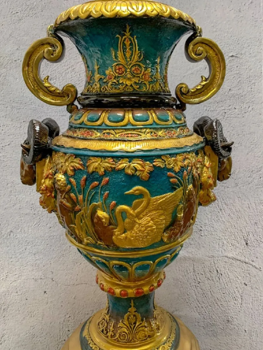 Casa Padrino Luxus Barock Bronze Vase Mehrfarbig / Gold 53 x 43 x H. 127 cm - Prunkvolle Vase mit Sockel - Barock Deko Accessoires