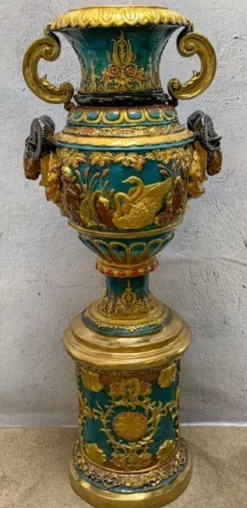 Casa Padrino Luxus Barock Bronze Vase Mehrfarbig / Gold 53 x 43 x H. 127 cm - Prunkvolle Vase mit Sockel - Barock Deko Accessoires