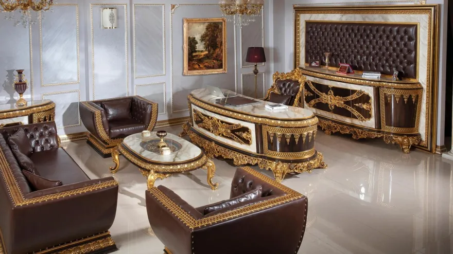 Casa Padrino Luxus Barock Büromöbel Set Weiß / Dunkelbraun / Gold - 1 Barock Schreibtisch mit Marmoroptik & 1 Barock Bürostuhl mit edlem Kunstleder - Prunkvolle Barock Büromöbel