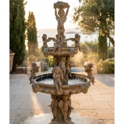 Casa Padrino Luxus Barock Bronze Springbrunnen Engel Beige Ø 145 x H. 250 cm - Prunkvoller Gartenbrunnen - Garten Deko Brunnen