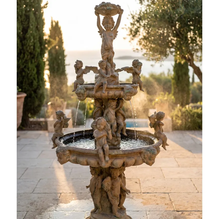Casa Padrino Luxus Barock Bronze Springbrunnen Engel Beige Ø 145 x H. 250 cm - Prunkvoller Gartenbrunnen - Garten Deko Brunnen