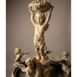 Casa Padrino Luxus Barock Bronze Springbrunnen Engel Beige Ø 145 x H. 250 cm - Prunkvoller Gartenbrunnen - Garten Deko Brunnen