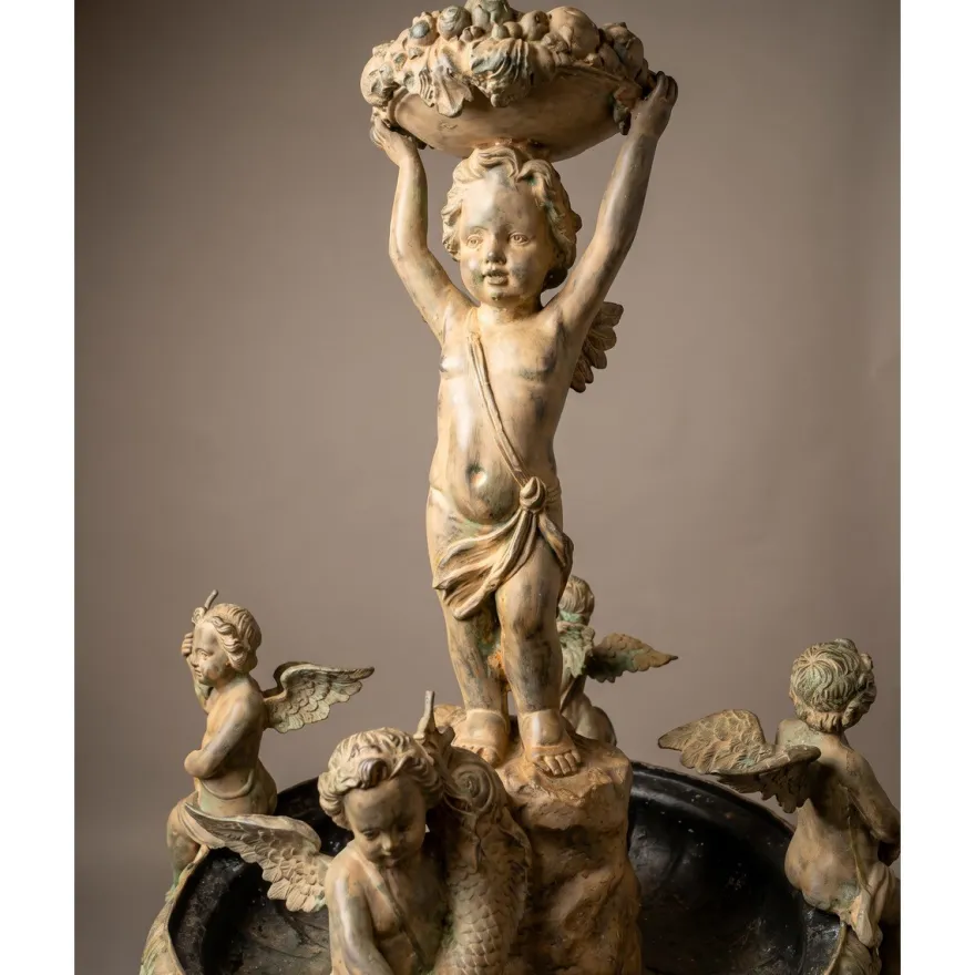 Casa Padrino Luxus Barock Bronze Springbrunnen Engel Beige Ø 145 x H. 250 cm - Prunkvoller Gartenbrunnen - Garten Deko Brunnen