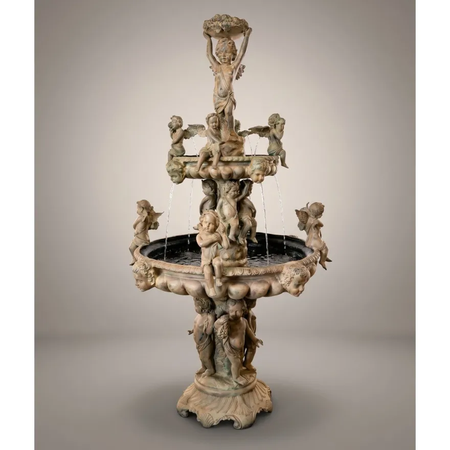 Casa Padrino Luxus Barock Bronze Springbrunnen Engel Beige Ø 145 x H. 250 cm - Prunkvoller Gartenbrunnen - Garten Deko Brunnen
