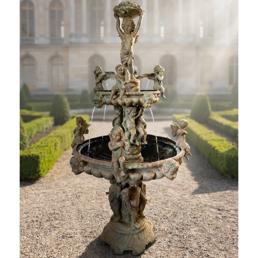 Casa Padrino Luxus Barock Bronze Springbrunnen Engel Beige Ø 145 x H. 250 cm - Prunkvoller Gartenbrunnen - Garten Deko Brunnen