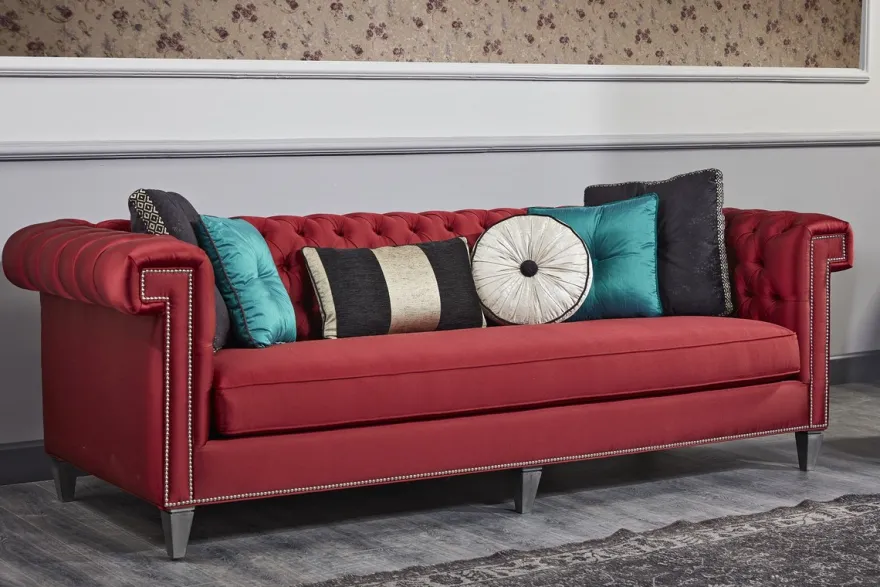 Casa Padrino Luxus Barock Chesterfield Sofa Rot / Silber 249 x 102 x H. 81 cm - Chesterfield Wohnzimmermöbel