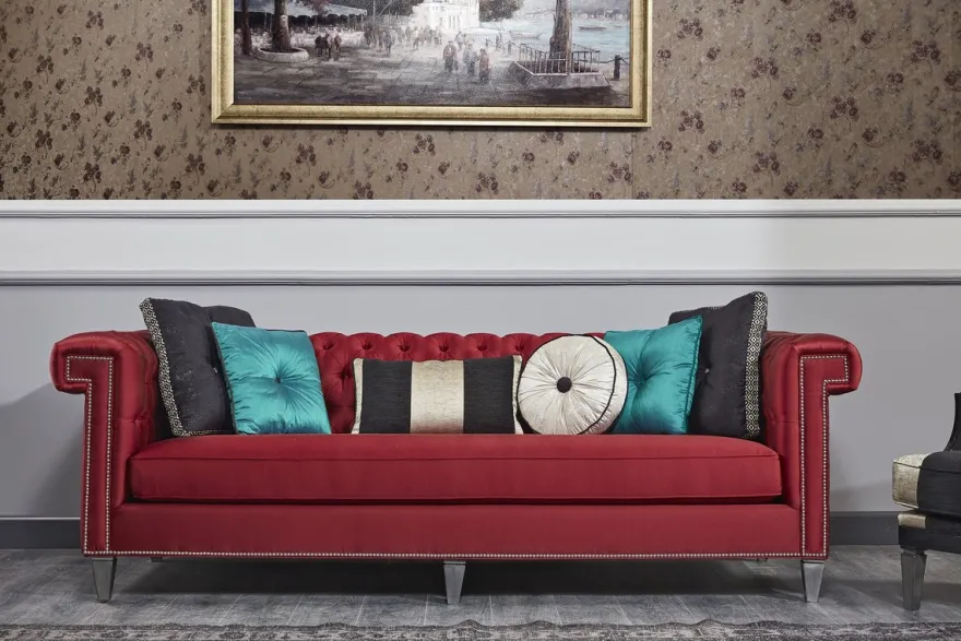 Casa Padrino Luxus Barock Chesterfield Sofa Rot / Silber 249 x 102 x H. 81 cm - Chesterfield Wohnzimmermöbel