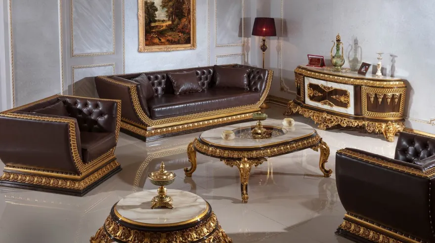 Casa Padrino Luxus Barock Chesterfield Sofa Dunkelbraun / Gold - Prunkvolles Wohnzimmer Sofa mit edlem Kunstleder - Barock Chesterfield Wohnzimmer Möbel