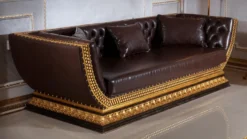 Casa Padrino Luxus Barock Chesterfield Sofa Dunkelbraun / Gold - Prunkvolles Wohnzimmer Sofa mit edlem Kunstleder - Barock Chesterfield Wohnzimmer Möbel