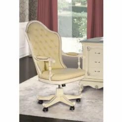 Casa Padrino Luxus Barock Chesterfield Leder Schreibtischstuhl Creme / Silber - Made in Italy
