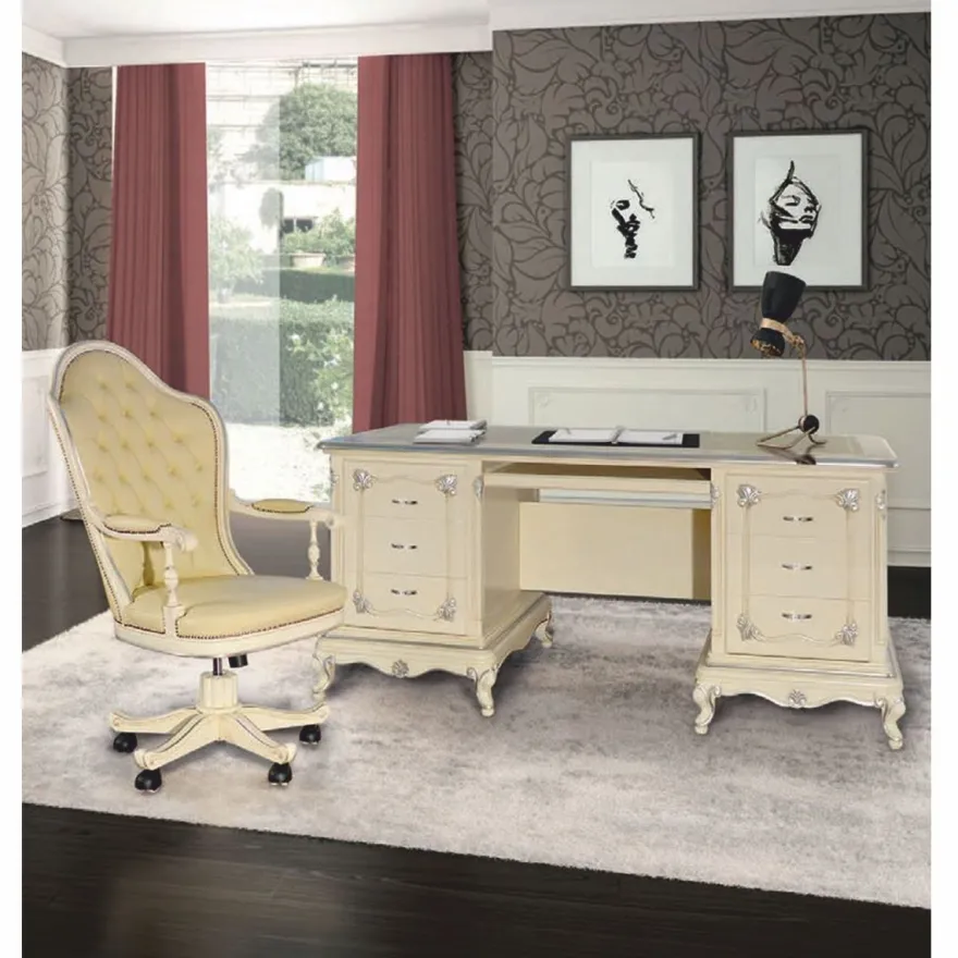 Casa Padrino Luxus Barock Chesterfield Leder Schreibtischstuhl Creme / Silber - Made in Italy