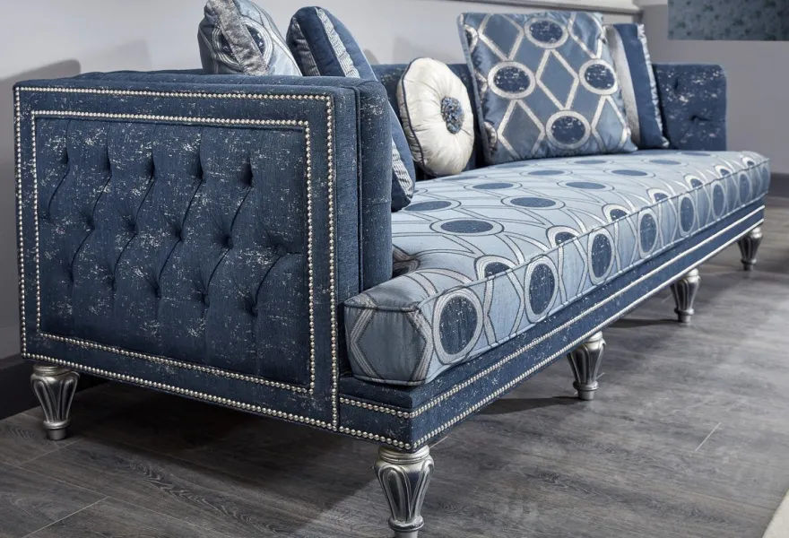 Casa Padrino Luxus Barock Chesterfield Sofa Dunkelblau / Hellblau / Silber 250 x 92 x H. 85 cm - Barock Wohnzimmermöbel