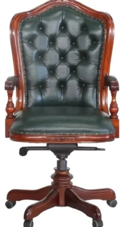 Casa Padrino Luxus Barock Chesterfield Echtleder Schreibtischstuhl Dunkelgrün / Braun H. 123 cm - Barock Büro Möbel