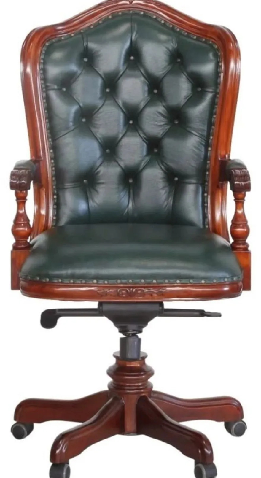Casa Padrino Luxus Barock Chesterfield Echtleder Schreibtischstuhl Dunkelgrün / Braun H. 123 cm - Barock Büro Möbel