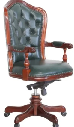 Casa Padrino Luxus Barock Chesterfield Echtleder Schreibtischstuhl Dunkelgrün / Braun H. 123 cm - Barock Büro Möbel