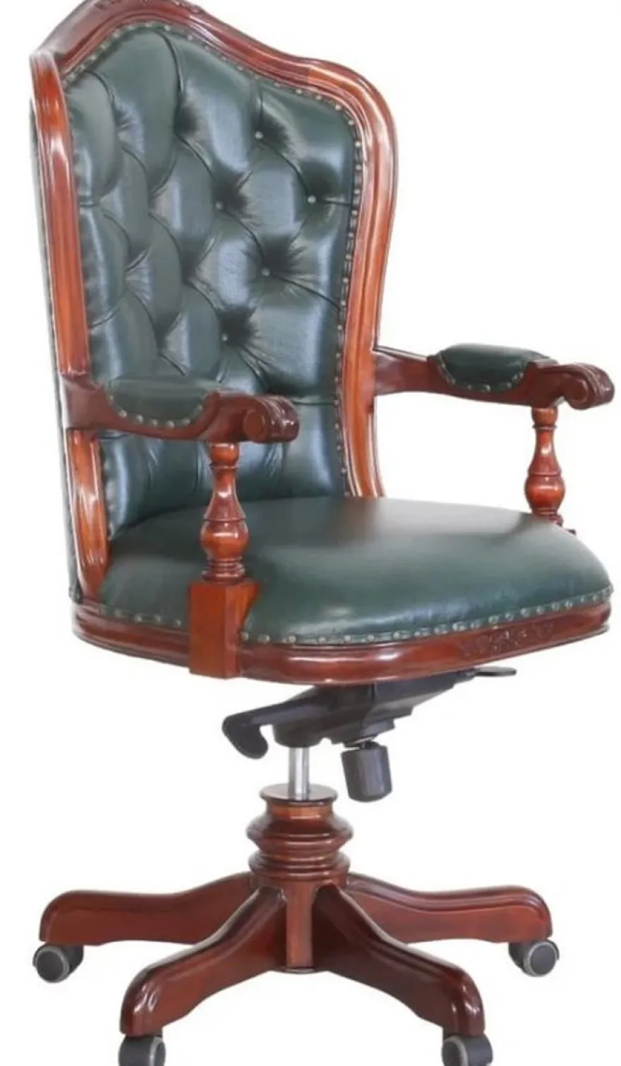 Casa Padrino Luxus Barock Chesterfield Echtleder Schreibtischstuhl Dunkelgrün / Braun H. 123 cm - Barock Büro Möbel