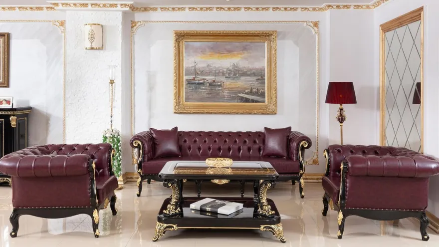Casa Padrino Luxus Barock Chesterfield Sofa Bordeauxrot / Schwarz / Gold - Prunkvolles Wohnzimmer Sofa mit edlem Kunstleder - Barock Chesterfield Wohnzimmer Möbel