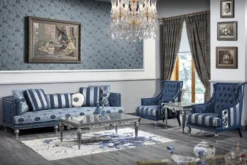 Casa Padrino Luxus Barock Chesterfield Wohnzimmer Sessel Blau / Silber gestreift 77 x 76 x H. 100 cm - Barockmöbel