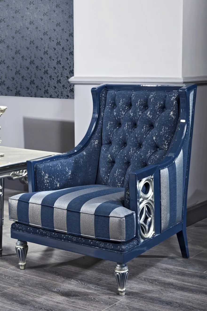 Casa Padrino Luxus Barock Chesterfield Wohnzimmer Sessel Blau / Silber gestreift 77 x 76 x H. 100 cm - Barockmöbel