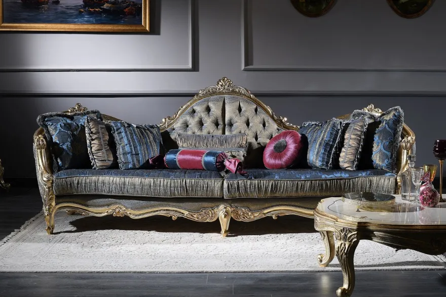 Casa Padrino Luxus Barock Chesterfield Sofa Dunkelblau / Antik Gold 300 x 90 x H. 119 cm - Prunkvolles Barock Wohnzimmer Sofa - Barockmöbel