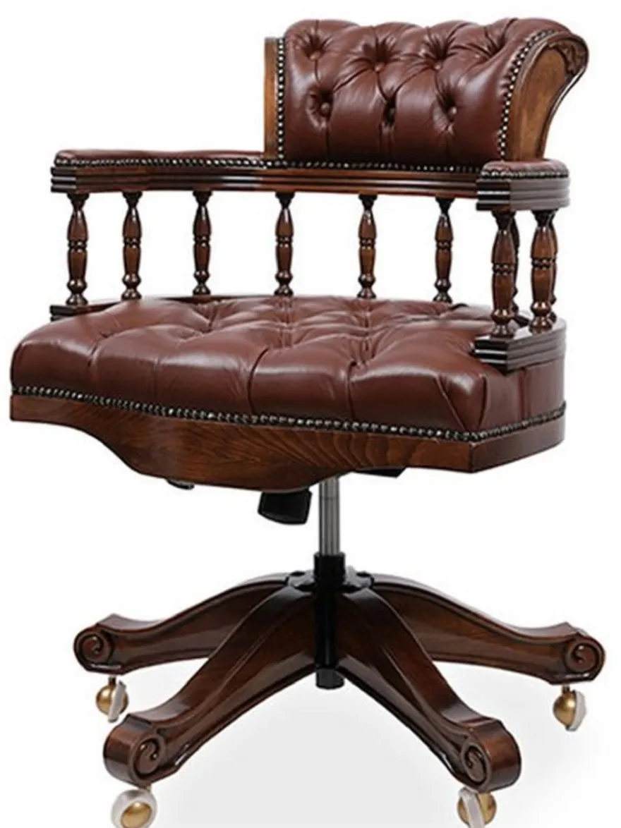 Casa Padrino Luxus Barock Chesterfield Leder Schreibtischstuhl Dunkelbraun / Dunkelbraun - Höhenverstellbarer Echtleder Bürostuhl - Büro Möbel - Edel & Prunkvoll