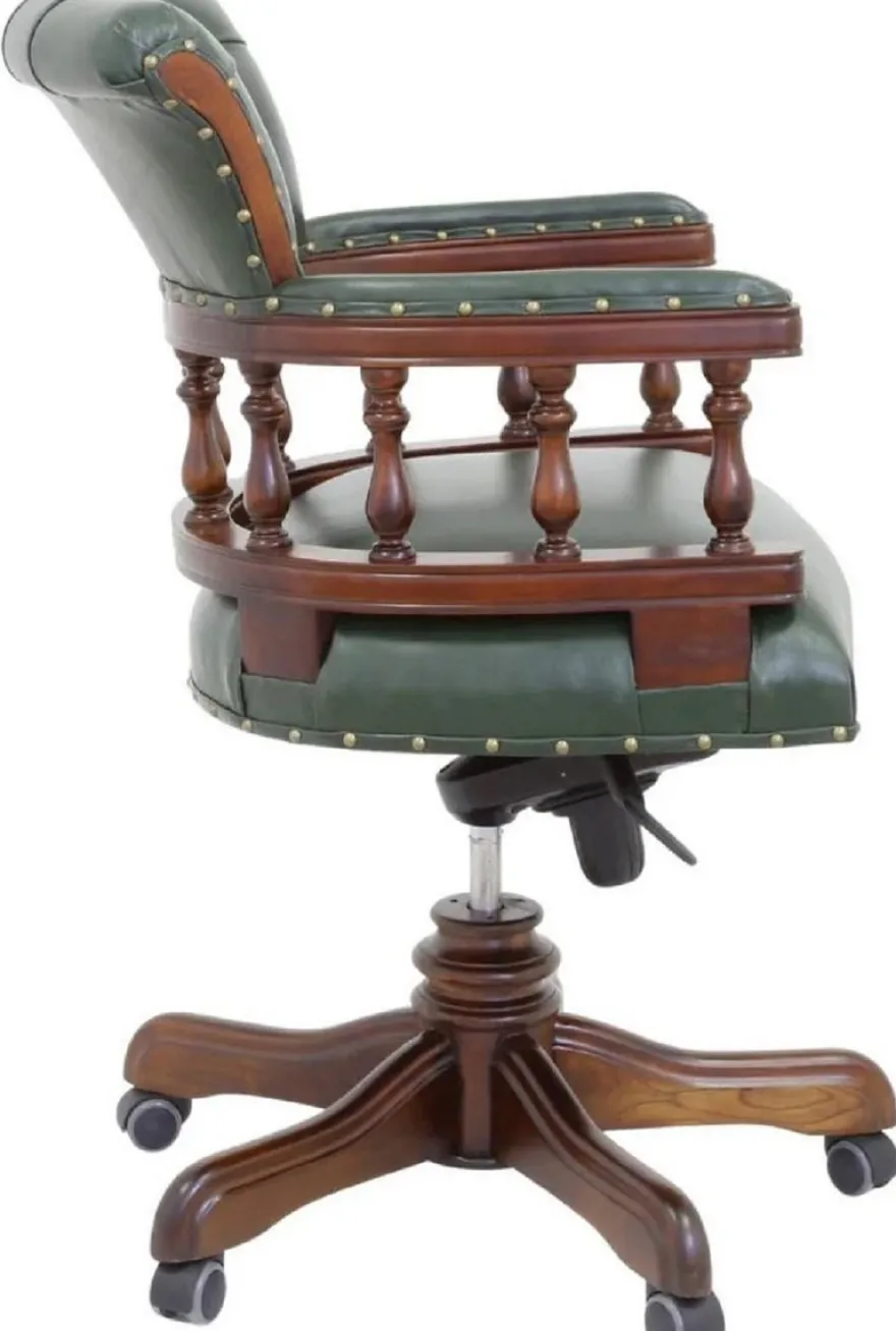 Casa Padrino Luxus Barock Chesterfield Echtleder Schreibtischstuhl Grün / Braun H. 107 cm - Barock Büro Möbel