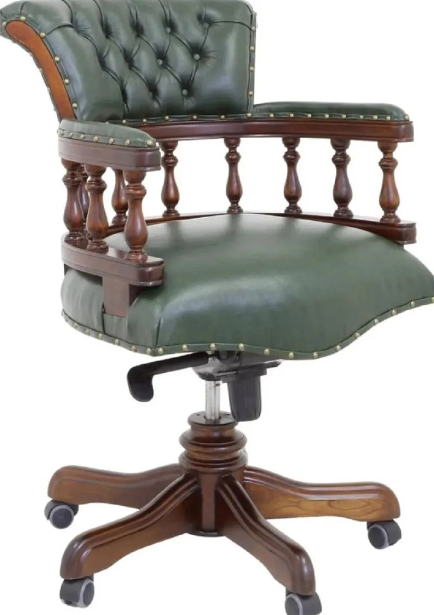 Casa Padrino Luxus Barock Chesterfield Echtleder Schreibtischstuhl Grün / Braun H. 107 cm - Barock Büro Möbel