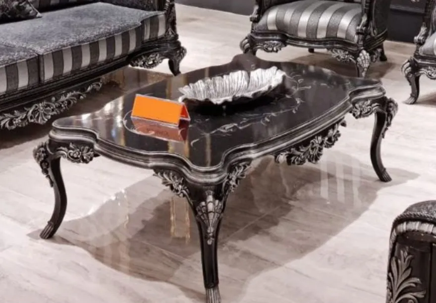 Casa Padrino Luxus Barock Couchtisch Schwarz / Silber - Handgefertigter Massivholz Wohnzimmertisch im Barockstil - Prunkvolle Barock Wohnzimmer Möbel