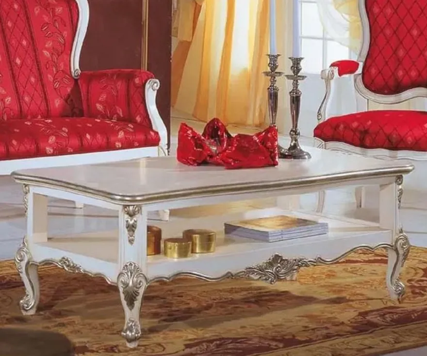 Casa Padrino Luxus Barock Couchtisch Weiß / Silber - Edler Wohnzimmertisch im Barockstil - Barock Wohnzimmer Möbel - Luxus Qualität - Made in Italy