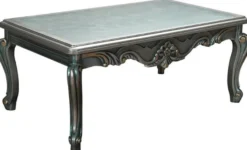 Casa Padrino Luxus Barock Couchtisch Grau / Grün / Gold 113 x 70 x H. 50 cm - Rechteckiger Massivholz Wohnzimmertisch mit Glasplatte