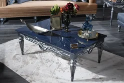 Casa Padrino Luxus Barock Couchtisch Blau / Silber 143 x 94 x H. 44 cm - Wohnzimmertisch im Barockstil