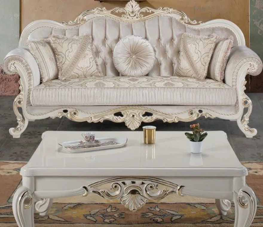 Casa Padrino Luxus Barock Couchtisch Weiß / Gold 115 x 85 x H. 50 cm - Massivholz Wohnzimmertisch im Barockstil - Barock Möbel