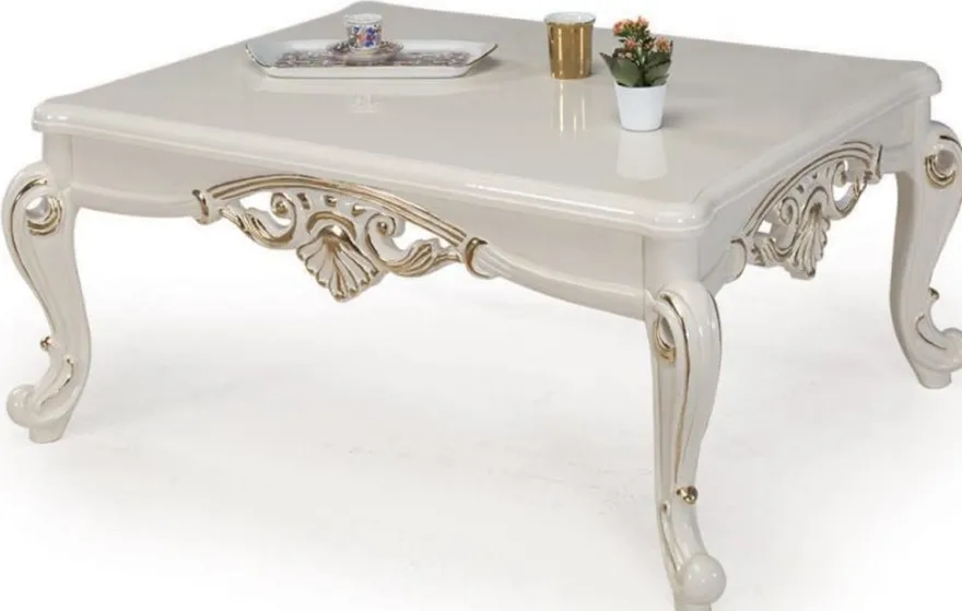 Casa Padrino Luxus Barock Couchtisch Weiß / Gold 115 x 85 x H. 50 cm - Massivholz Wohnzimmertisch im Barockstil - Barock Möbel