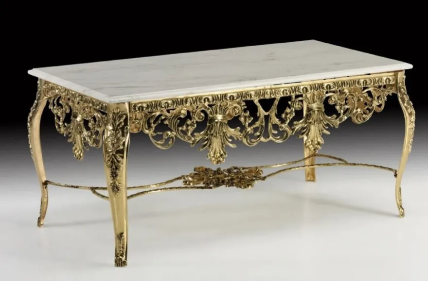 Casa Padrino Luxus Barock Couchtisch mit Marmorplatte Gold / Creme 118 cm - Barock Wohnzimmer Möbel