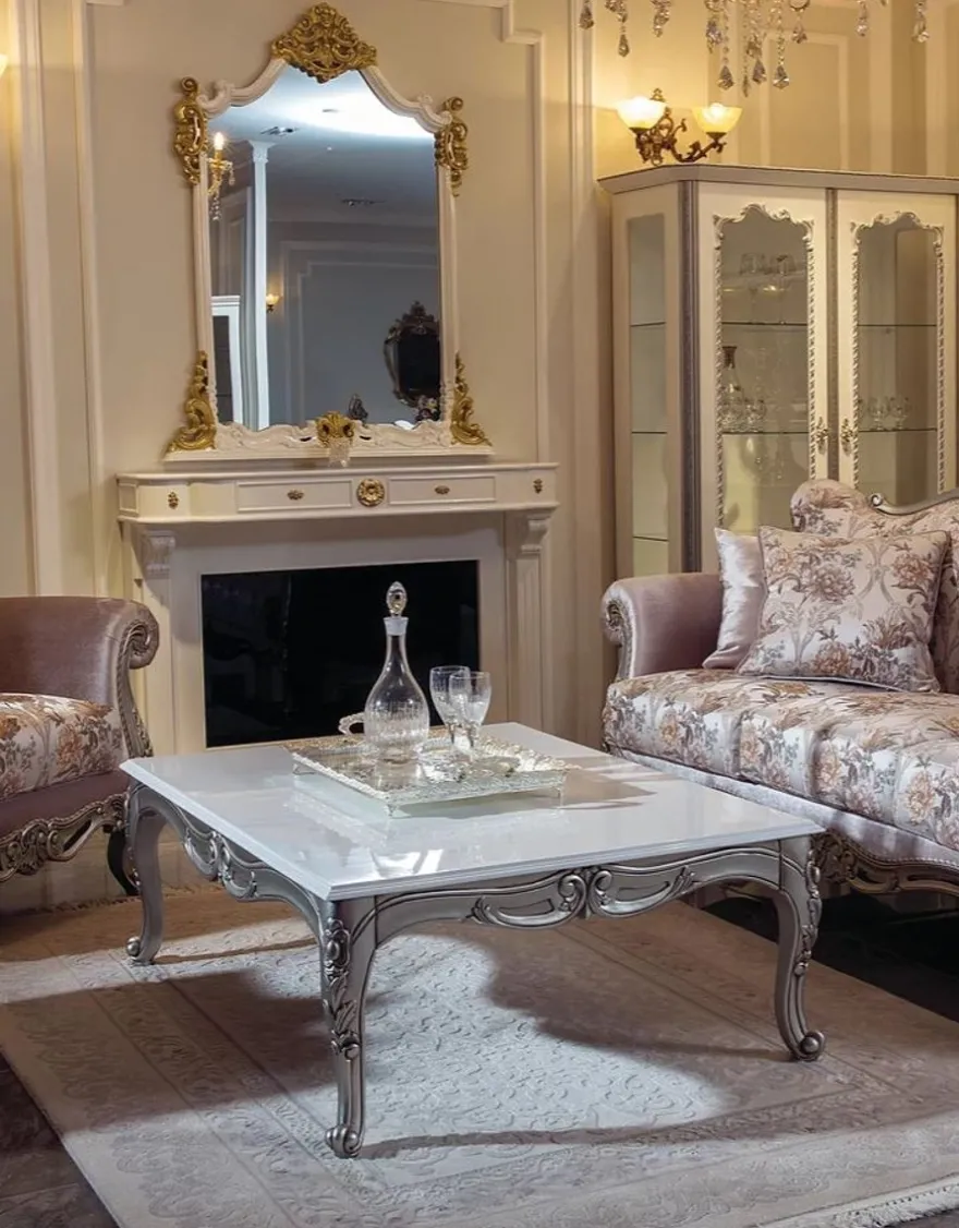 Casa Padrino Luxus Barock Couchtisch Weiß / Silber 129 x 93 x H. 44 cm - Rechteckiger Massivholz Wohnzimmertisch im Barockstil - Barock Wohnzimmer Möbel