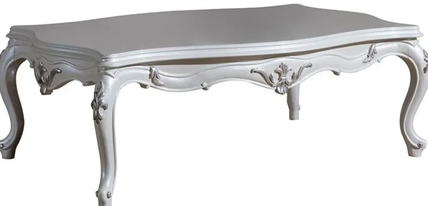 Casa Padrino Luxus Barock Couchtisch Weiß / Silber 125 x 85 x H. 47 cm - Rechteckiger Massivholz Wohnzimmertisch - Prunkvolle Barock Möbel