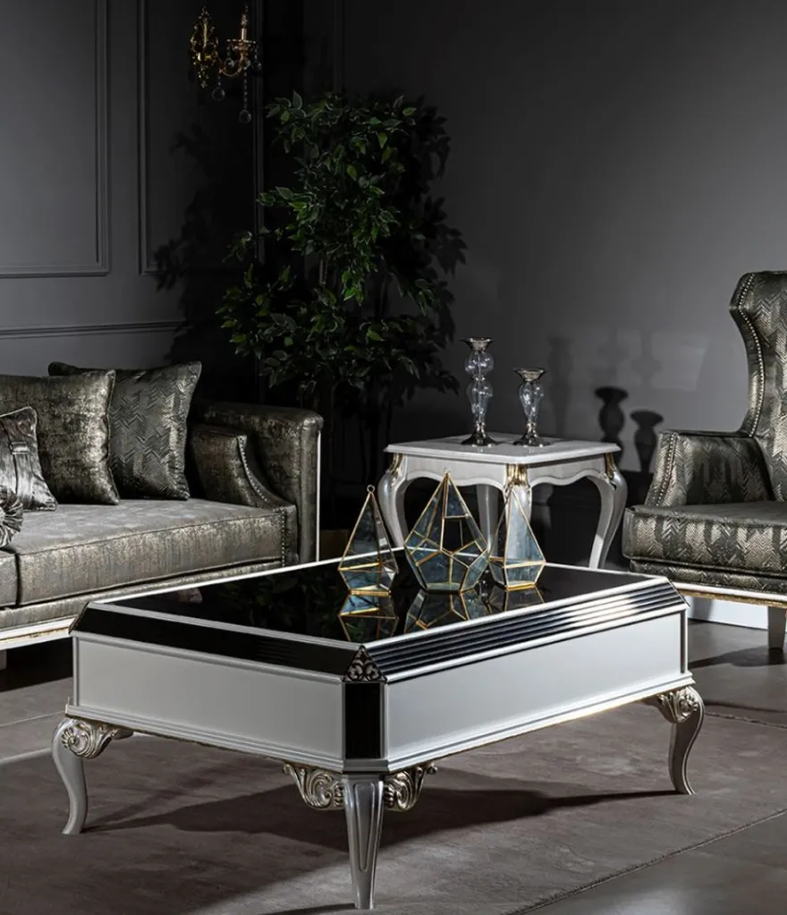 Casa Padrino Luxus Barock Couchtisch Weiß / Gold 122 x 85 x H. 48 cm - Edler Massivholz Wohnzimmertisch mit Glasplatte - Barock Wohnzimmer Möbel