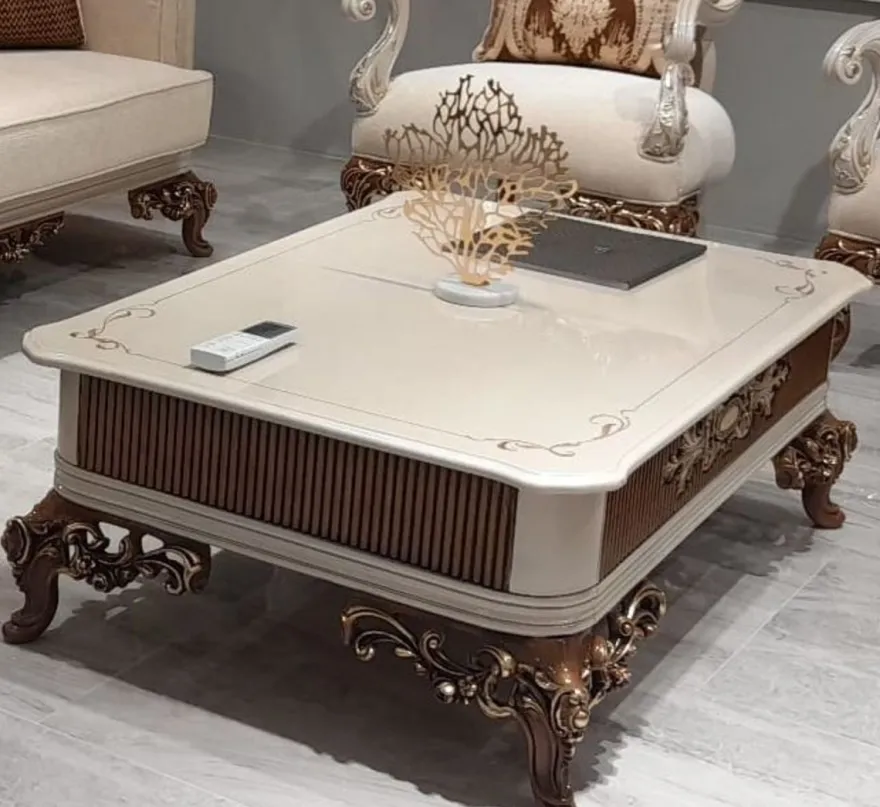 Casa Padrino Luxus Barock Couchtisch Beige / Grau / Braun / Gold - Prunkvoller Massivholz Wohnzimmertisch im Barockstil - Barock Wohnzimmer Möbel - Edel & Prunkvoll