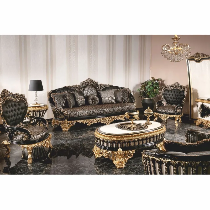 Casa Padrino Luxus Barock Couchtisch Schwarz / Weiß / Gold 145 cm - Ovaler Barockstil Wohnzimmertisch - Barockstil Wohnzimmer Möbel