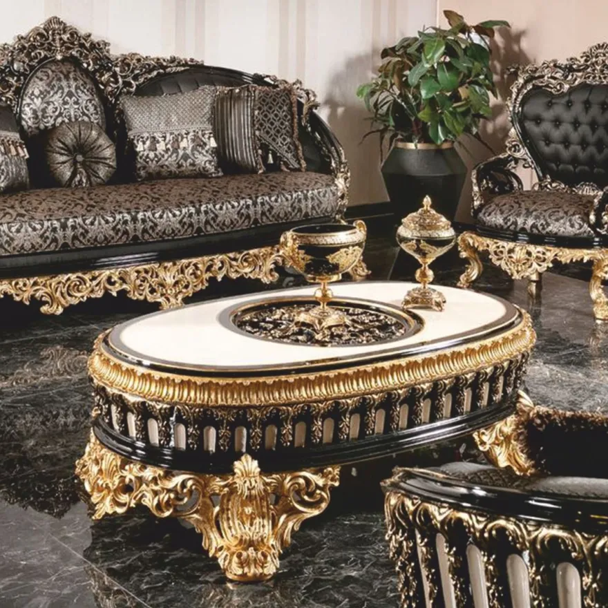 Casa Padrino Luxus Barock Couchtisch Schwarz / Weiß / Gold 145 cm - Ovaler Barockstil Wohnzimmertisch - Barockstil Wohnzimmer Möbel