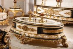 Casa Padrino Luxus Barock Couchtisch Weiß / Blau / Gold - Prunkvoller Massivholz Wohnzimmertisch mit Glasplatte - Barock Wohnzimmer Möbel - Edel & Prunkvoll